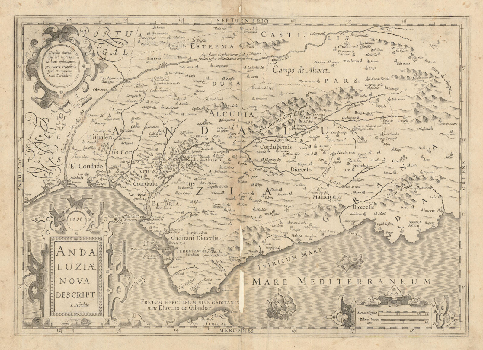Andaluziae Nova Descript. Andalusia / Andalucia by Hondius / Mercator c1606 map